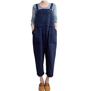 Women’s Gihuo M  Linen Overalls Jumpsuit Navy Blue